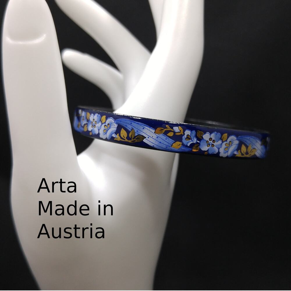 Vintage Austria Arta Floral Bangle, Blue Gold Enamel, 8 1/4 Inch, 1970s